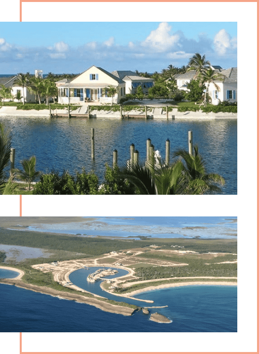 content-img1 | The Sandpiper Inn & Cottages, South Abaco, The Bahamas Collage of two tropical water views: top – waterfront homes with docks along a canal; bottom – aerial view of a resort with circular lagoons and beaches.